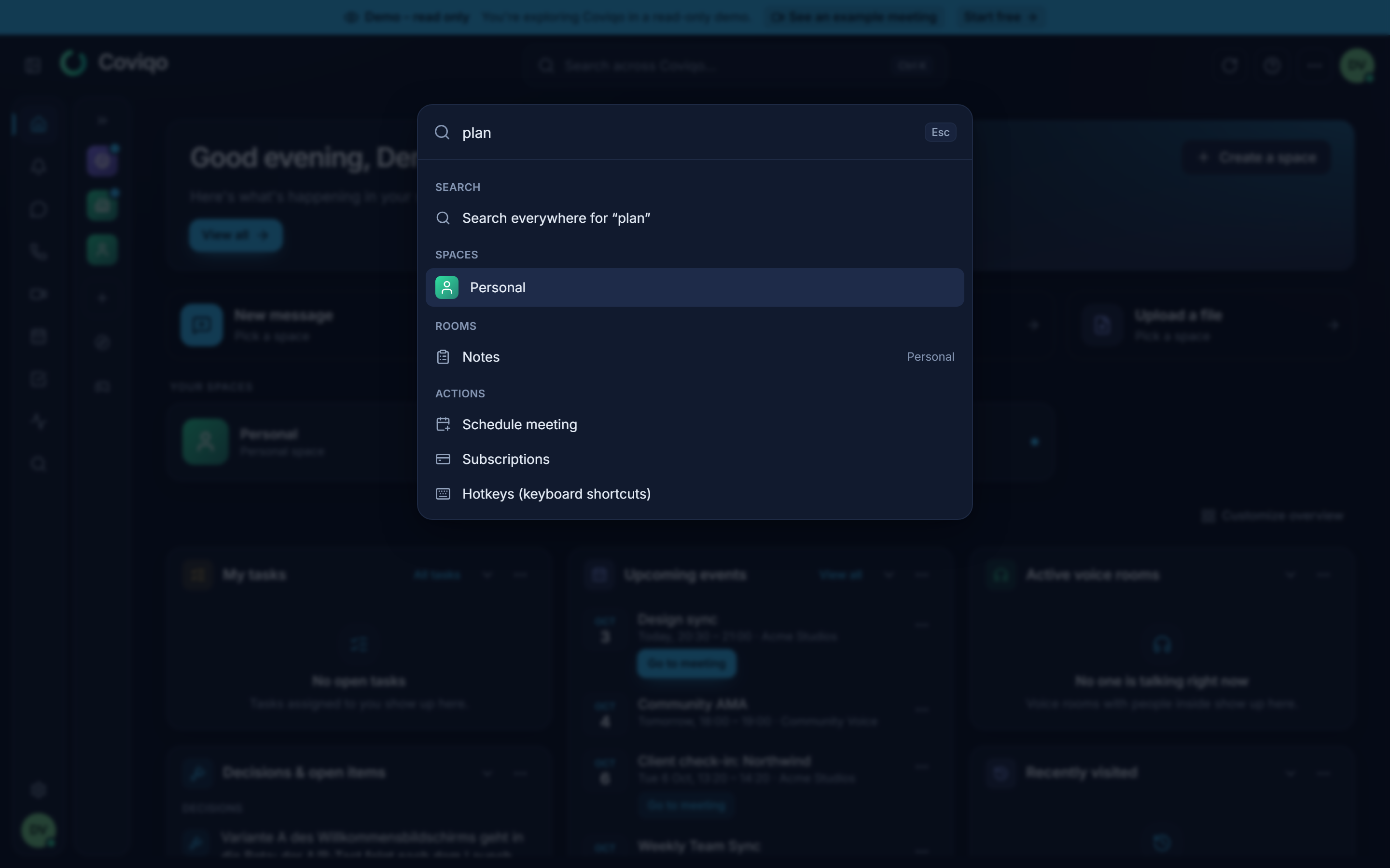 The command palette with search results