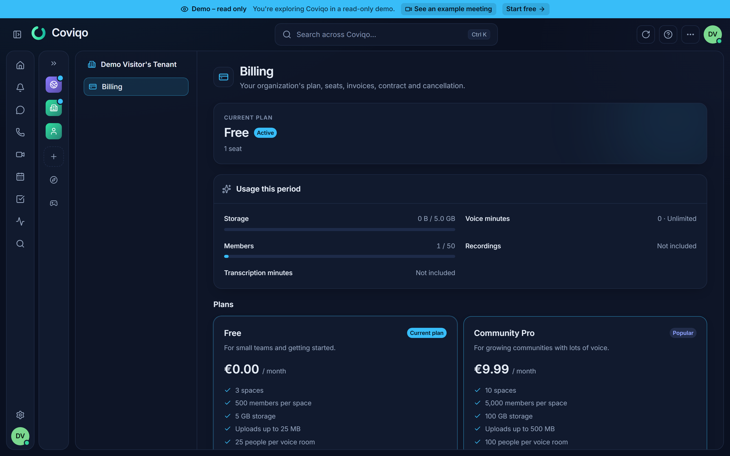 Die Abrechnungsseite einer Organisation