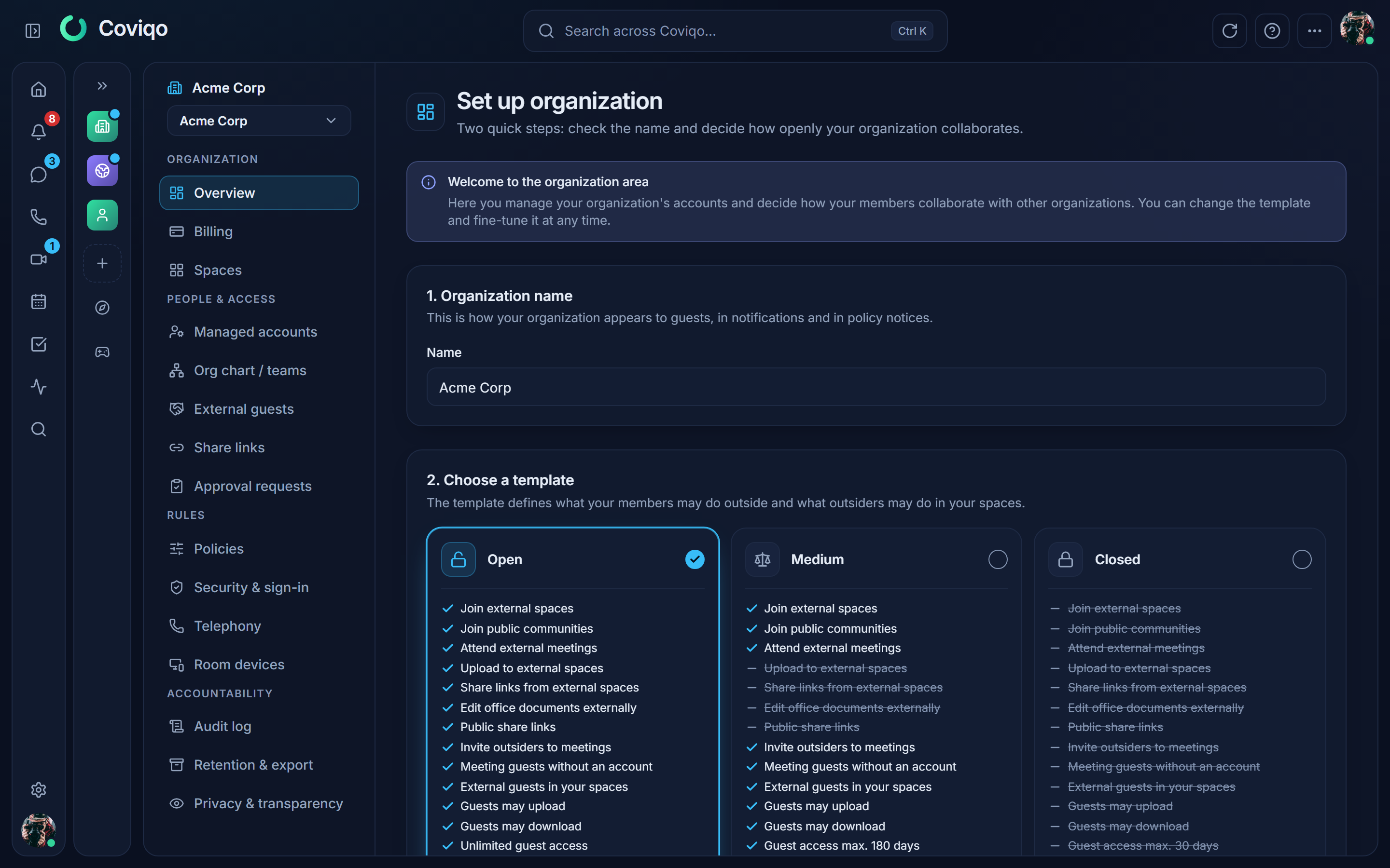 The organisation area: overview with plan, preset and counters