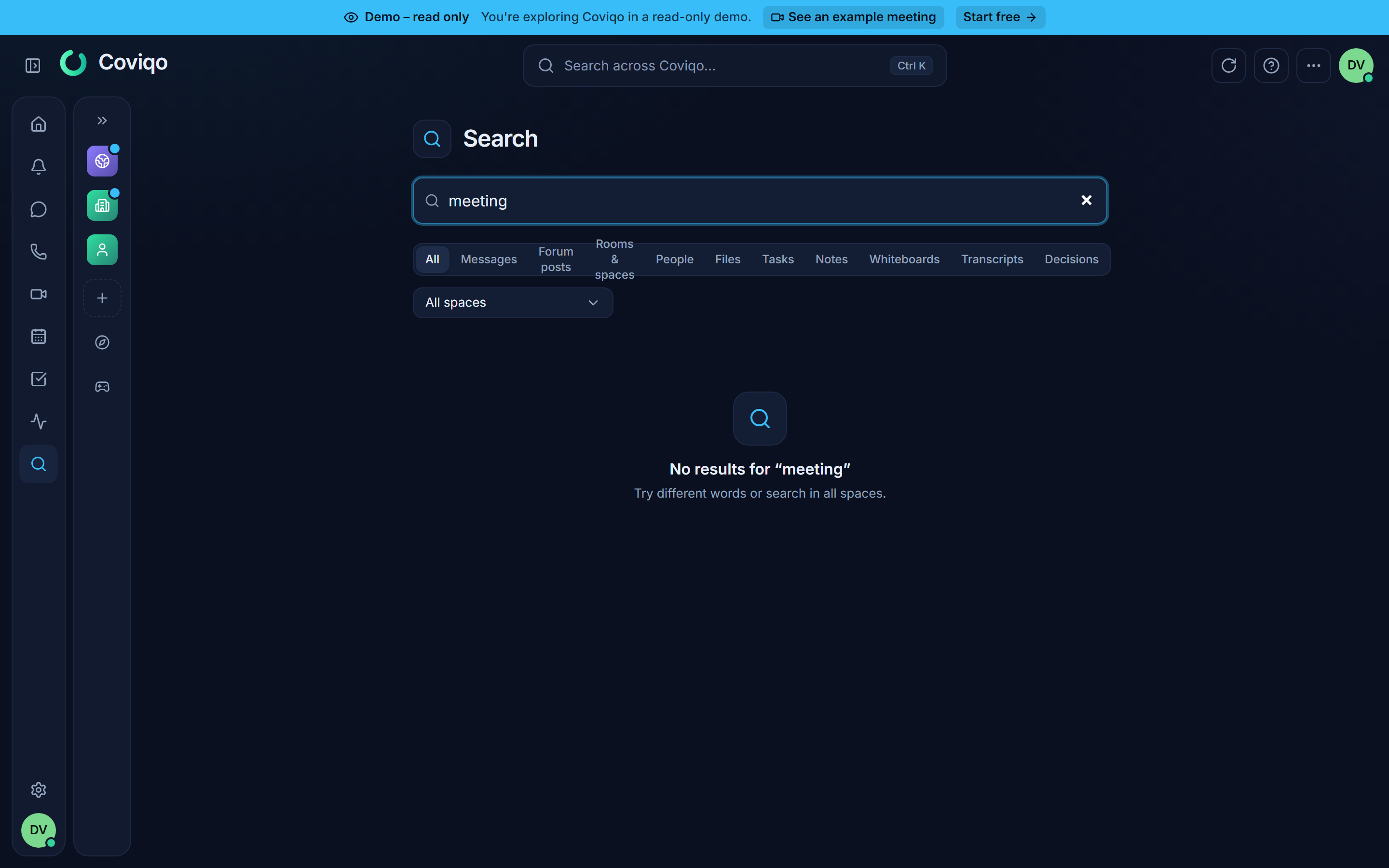 The Search page with type and space filters