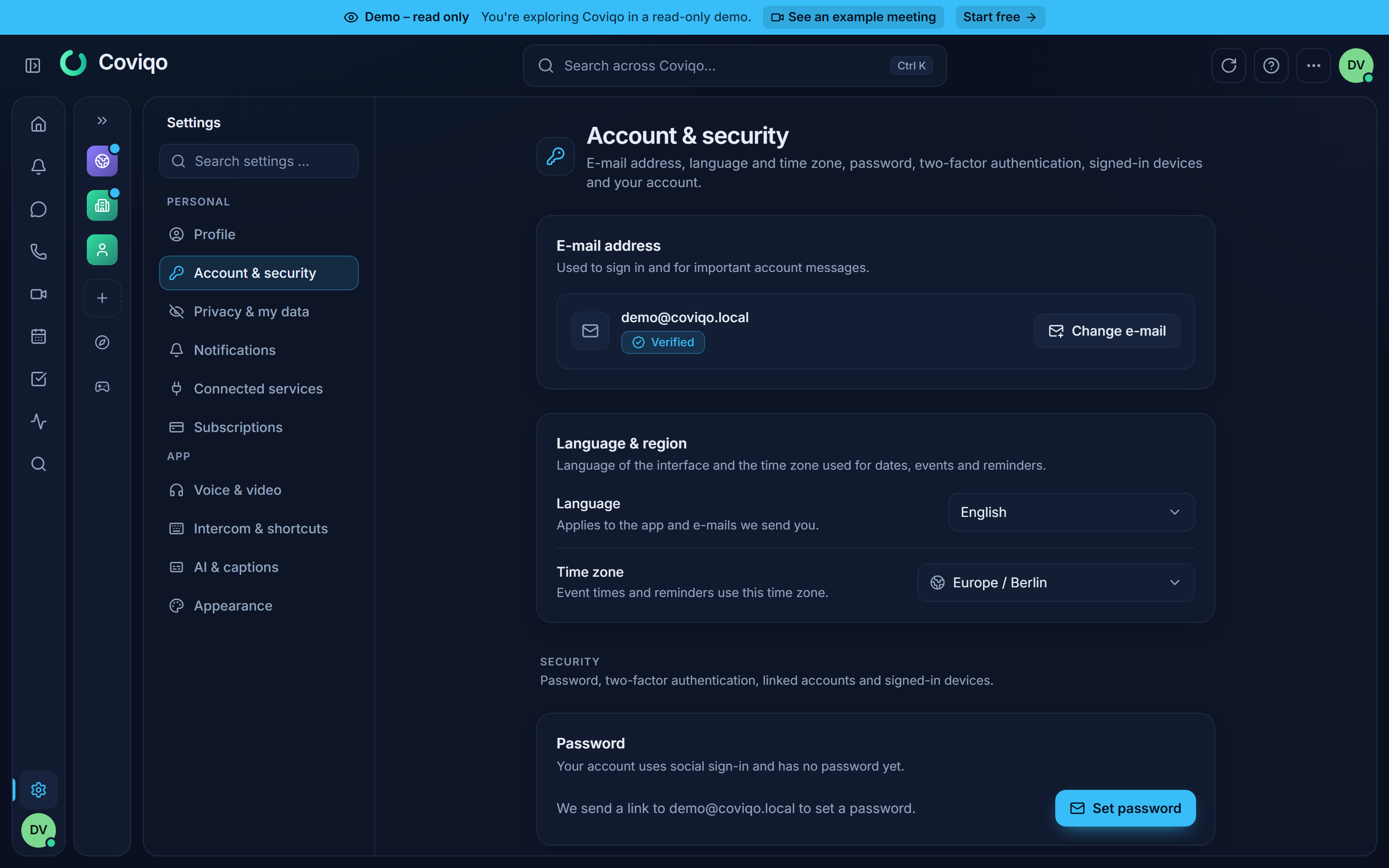 The data export and consent cards in the account settings