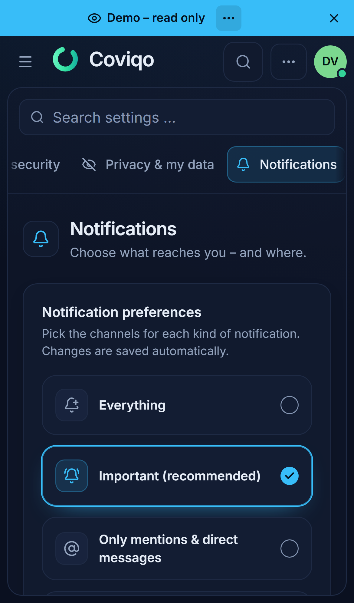 Push settings for this device