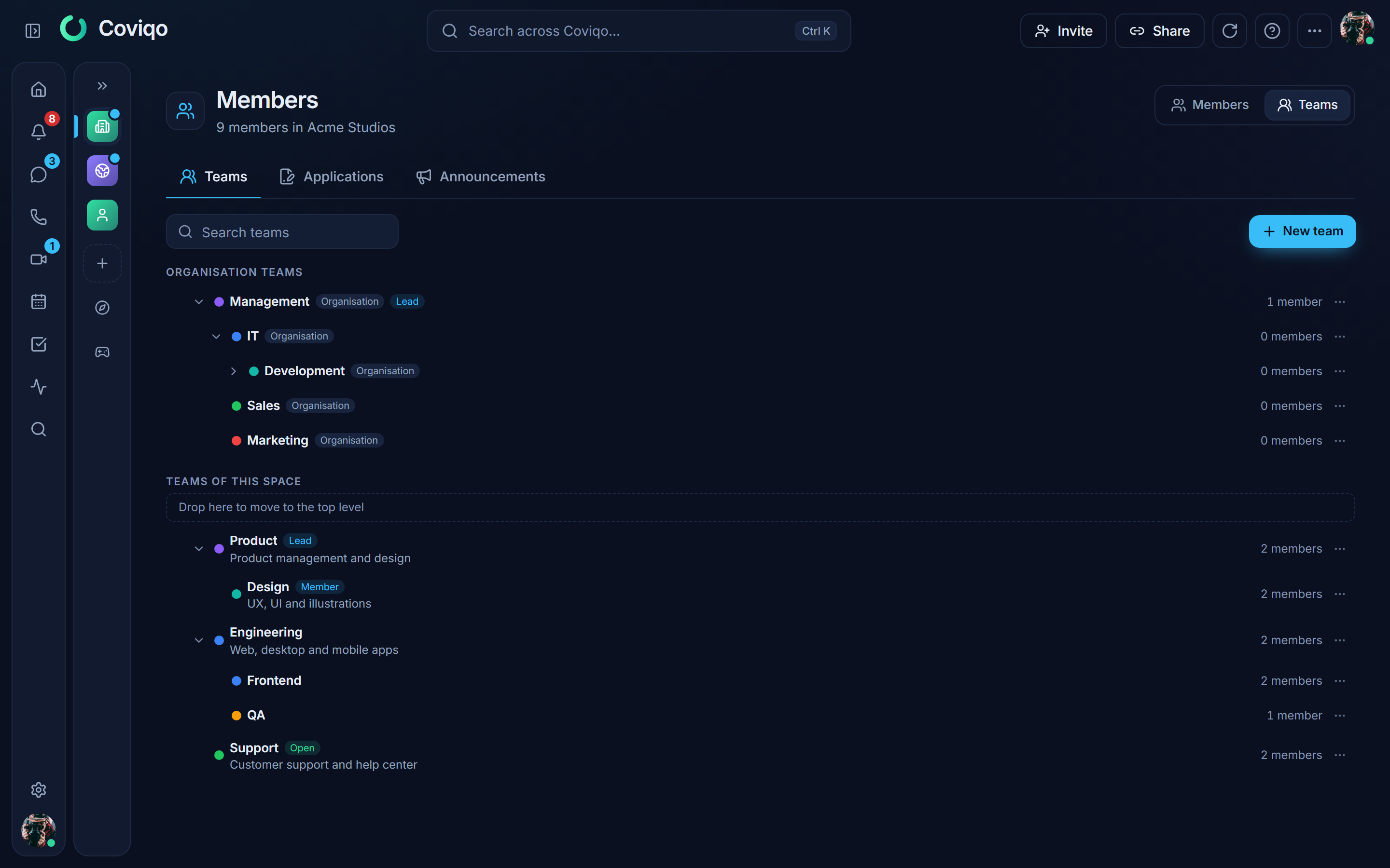 The Team page of a space with organisation teams and space teams