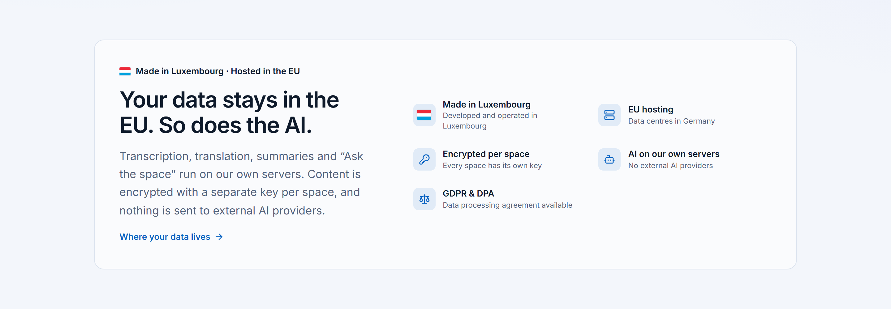 The band "Your data stays in the EU. So does the AI." with its facts